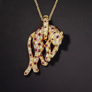 Estate Diamond and Ruby Panther Pendant - 1