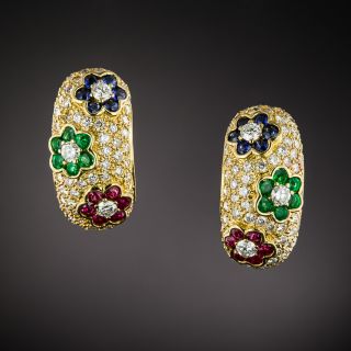 Estate Diamond, Emerald, Sapphire and Ruby Earrings - 2