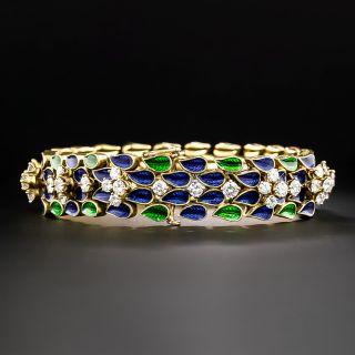 Estate Diamond With Blue and Green Enamel Bracelet - 2