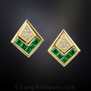 Estate Emerald and Diamond Chevron Earrings - 2