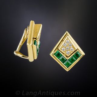 Estate Emerald and Diamond Chevron Earrings