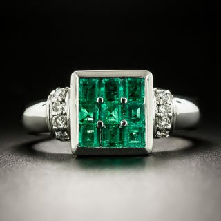 Estate Emerald and Diamond Square Ring - 2