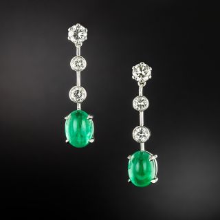 Estate Emerald Cabochon and Diamond Dangle Earrings - 2