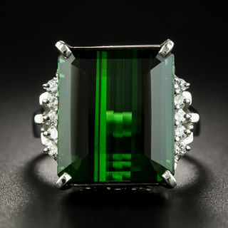 Estate Emerald-Cut Green Tourmaline and Diamond Ring - 2