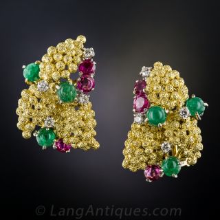 Estate Emerald, Ruby and Diamond Earrings