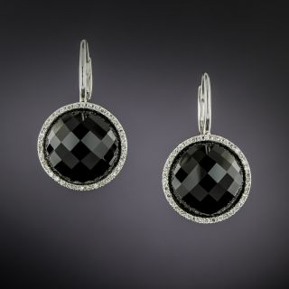 Estate Faceted Domed Onyx and Diamond Halo Earrings - 2