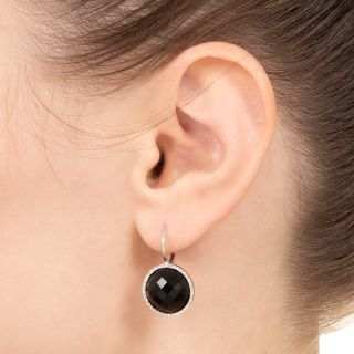 Estate Faceted Domed Onyx and Diamond Halo Earrings