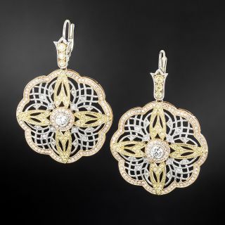 Estate Filigree-Style Diamond Flower Earrings - 2