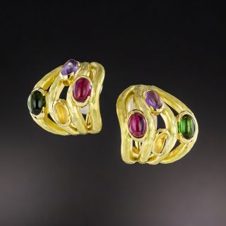 Estate Free-Form Multicolor Gem Cabochon Earrings - 2