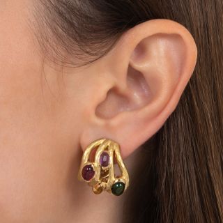 Estate Free-Form Multicolor Gem Cabochon Earrings