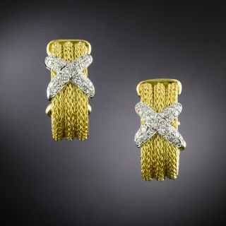 Estate Gold Mesh Diamond 'X' Earrings - 2
