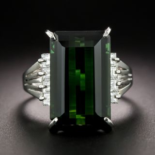 Estate Green Tourmaline And Square-Cut Diamond Ring - 3