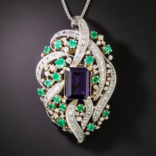Estate Leaf-Shaped Emerald, Diamond and Amethyst Pendant - 3