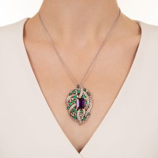 Estate Leaf-Shaped Emerald, Diamond and Amethyst Pendant