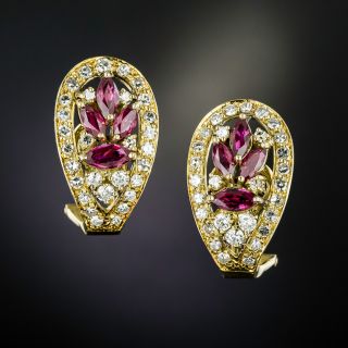 Estate Marquise Ruby and Diamond Earrings - 1
