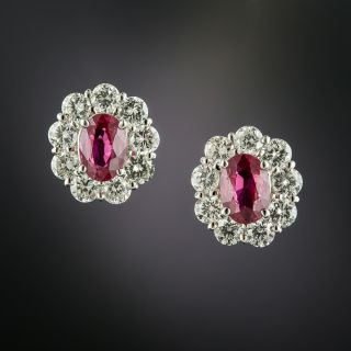 Estate No-Heat 2.13 Carat Total Weight Ruby and Diamond Halo Earrings - 2