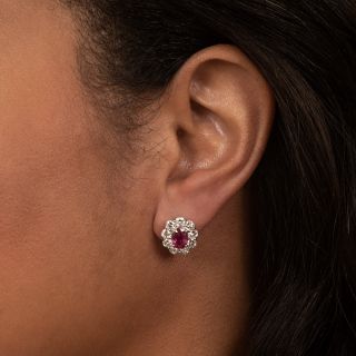 Estate No-Heat 2.13 Carat Total Weight Ruby and Diamond Halo Earrings