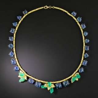 No-Heat Cabochon Sapphire And Carved Emerald Fringe Necklace - 2