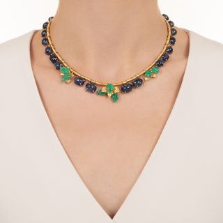 No-Heat Cabochon Sapphire And Carved Emerald Fringe Necklace