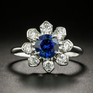 Estate No-Heat Ceylon Sapphire and Diamond Flower Ring - 1