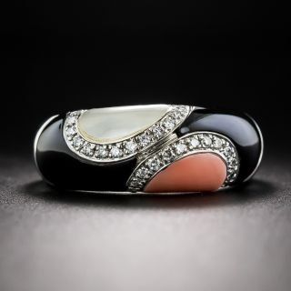 Estate Onyx, Coral, Mother of Pearl and Diamond Ring - 3