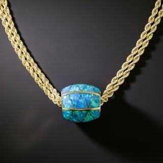 Estate Opal Inlay Barrel Pendant with Double Rope Chain - 3