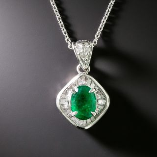 Estate Oval Emerald in Baguette Diamond Pendant - 2