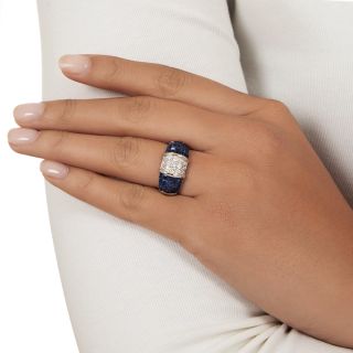 Estate Pavé Diamond and Invisibly Set Sapphire Band Ring, Size 7