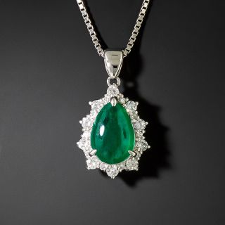 Estate Pear-Shaped Cabochon Emerald and Diamond Halo Necklace - 2