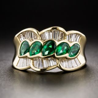 Estate Pear-Shaped Emerald and Baguette Diamond Band Ring - 3