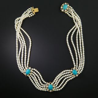 Estate Pearl, Turquoise, Diamond, and Sapphire Choker Necklace - 2