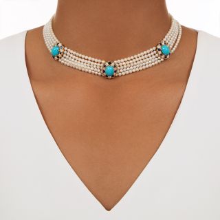 Estate Pearl, Turquoise, Diamond, and Sapphire Choker Necklace