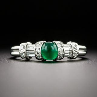 Estate Petite Cabochon Emerald Platinum Diamond Ring - 3