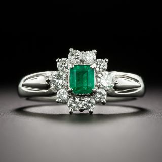 Estate Petite Emerald and Diamond Platinum Halo Ring - 3