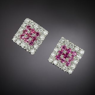 Estate Pink Sapphire and Diamond Earrings  - 2