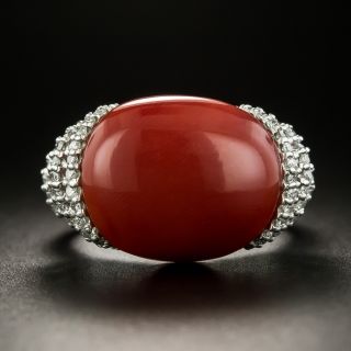 Estate Red Coral Cabochon and Diamond Ring - 2