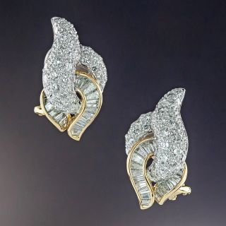 Estate Round Brilliant and Baguette Diamond Earrings  - 2