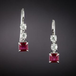 Estate Ruby and Diamond Dangle Earrings  - 3