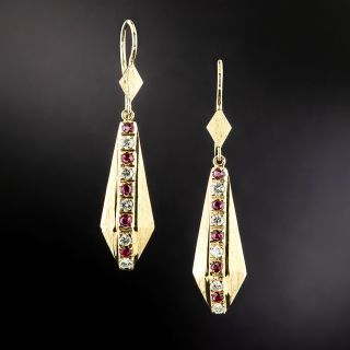 Estate Ruby and Diamond Drop Earrings  - 2