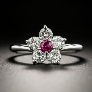 Estate Ruby and Diamond Flower Ring - 1