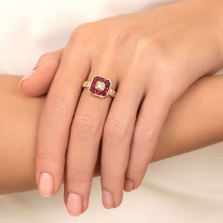 Estate Ruby and Diamond Halo Ring