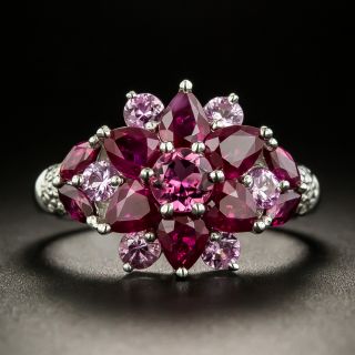 Estate Ruby, Pink Sapphire, Pink Tourmaline, and Diamond Flower Ring - 2