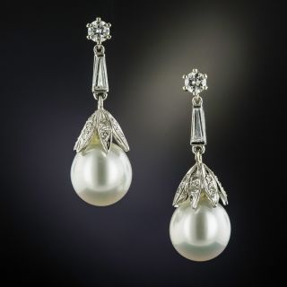 Estate South Sea Pearl and Diamond Drop Earrings - 1