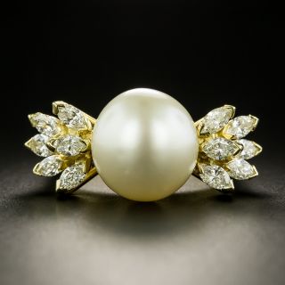 Estate South Sea Pearl and Marquise Diamond Bow Ring - 3