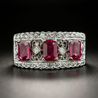 Estate Three-Stone Emerald-Cut Burma Ruby and Diamond Ring - 3