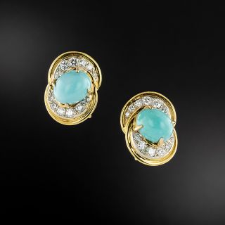 Estate Turquoise and Diamond Clip Earrings  - 2