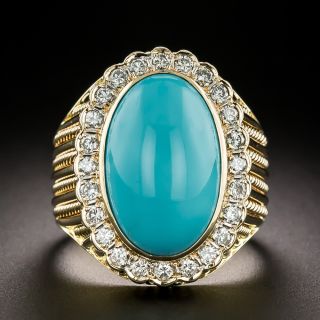 Estate Turquoise and Diamond Halo Ribbed Ring - 3