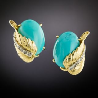 Estate Turquoise and Diamond Leaf Clip Earrings - 2