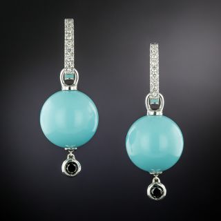 Estate Turquoise Blue Ceramic Drop and Diamond Hoop Earrings - 2