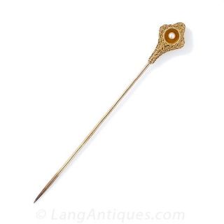 Etruscan Style Gold and Pearl Stickpin